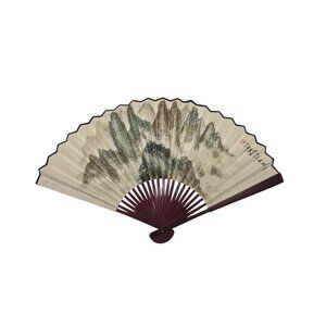 Vintage 1991 Chinese Hand Painted Landscape Folding Fan Bamboo Signed 22.5"